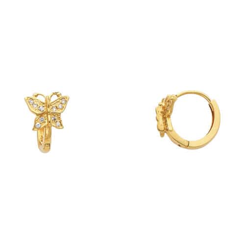 14K Yellow Gold Butterfly Cubic Zirconia Huggies Earrings