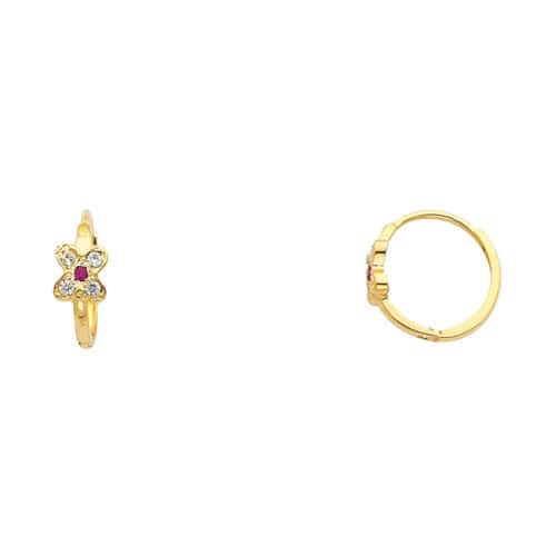 14K Yellow Gold Flower Cubic Zirconia Huggies Earrings