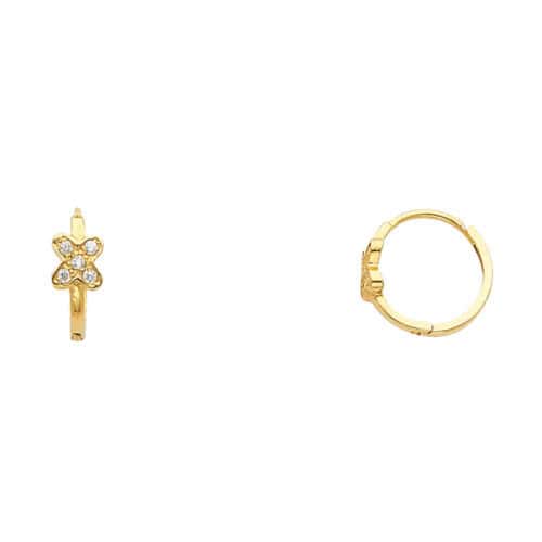 14K Yellow Gold Flower Cubic Zirconia Huggies Earrings