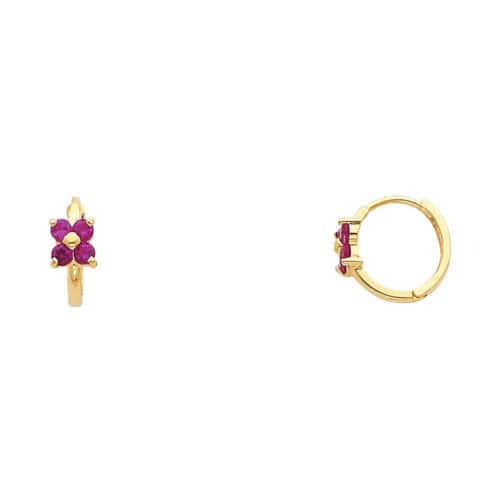 14K Yellow Gold Flower Cubic Zirconia Huggies Earrings
