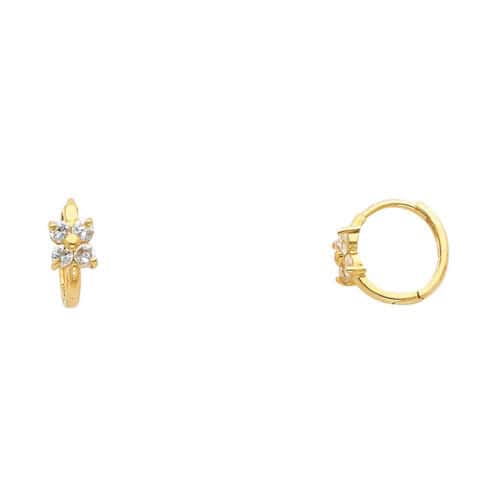 14K Yellow Gold Flower Cubic Zirconia Huggies Earrings