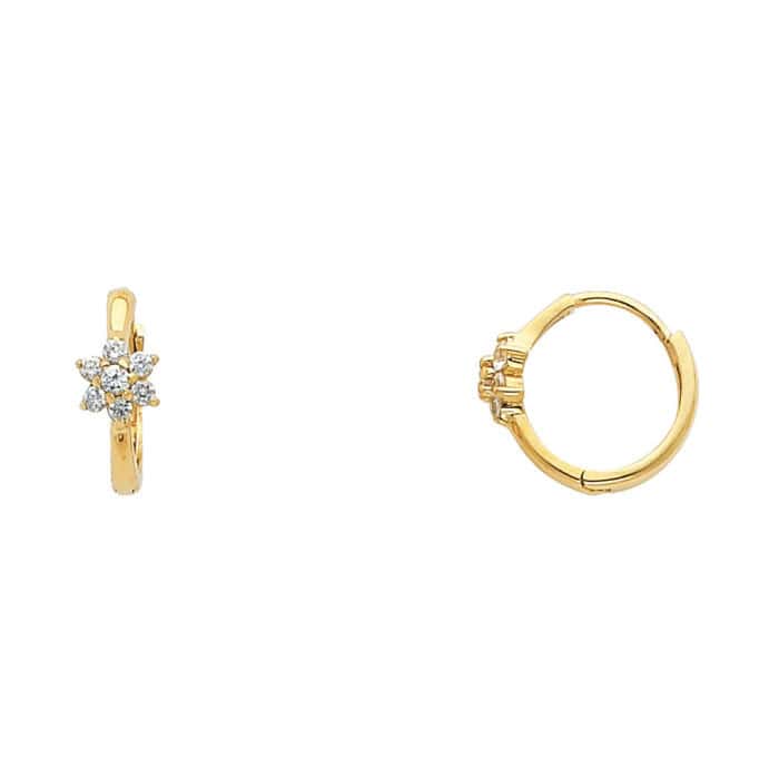 14K Yellow Gold Flower Cubic Zirconia Huggies Earrings
