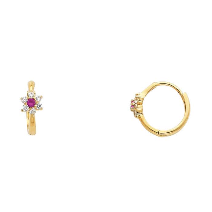 14K Yellow Gold Flower Cubic Zirconia Huggies Earrings