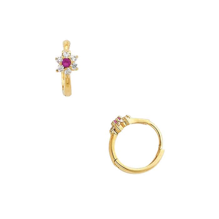 14K Yellow Gold Flower Cubic Zirconia Huggies Earrings - Image 2