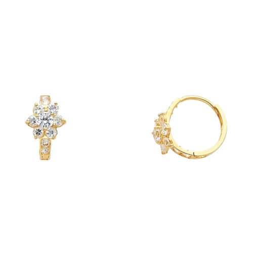 14K Yellow Gold Flower Cubic Zirconia Huggies Earrings