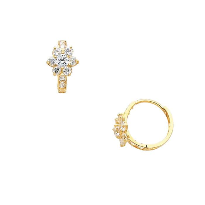 14K Yellow Gold Flower Cubic Zirconia Huggies Earrings - Image 2