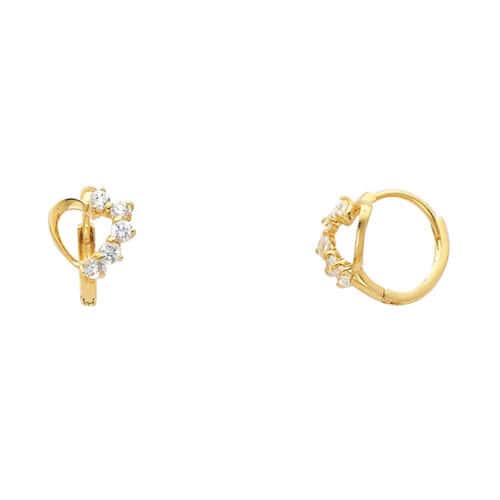 14K Yellow Gold Heart Cubic Zirconia Huggies Earrings