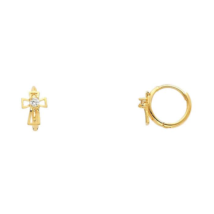 14K Yellow Gold Cross Cubic Zirconia Huggies Earrings