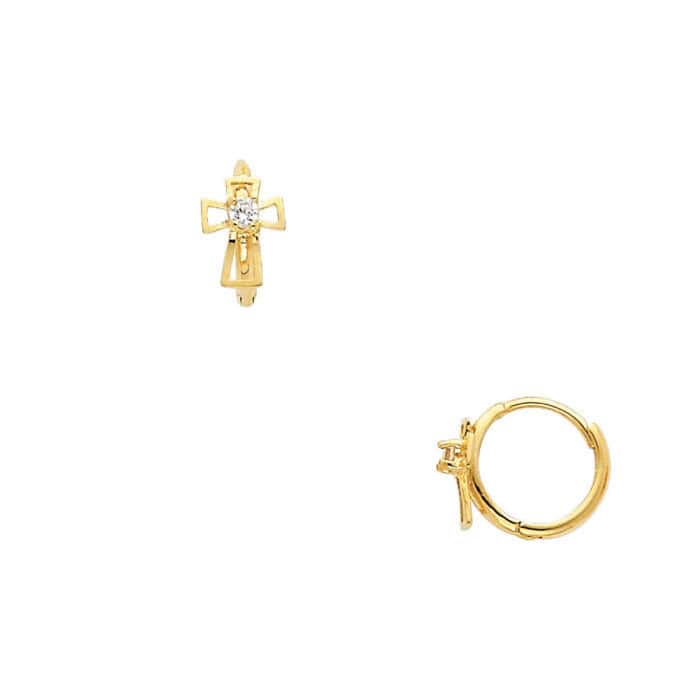 14K Yellow Gold Cross Cubic Zirconia Huggies Earrings - Image 2