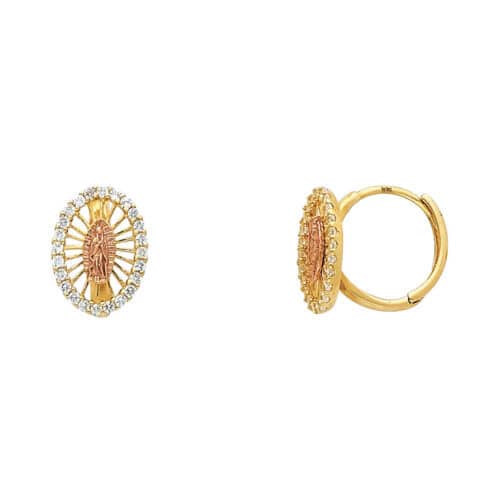 14K Yellow Gold Our Lady of Guadlupe Cubic Zirconia Huggies Earrings