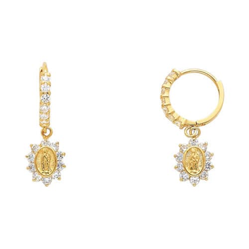 14K Yellow Gold Hanging Our Lady of Guadlupe Cubic Zirconia Huggies Earrings