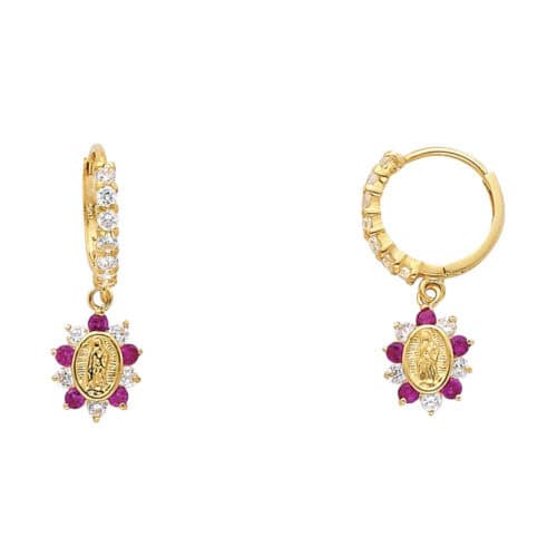 14K Yellow Gold Hanging Our Lady of Guadlupe Cubic Zirconia Huggies Earrings