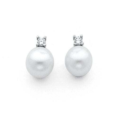 14K White Gold 8mm Pearl with Cubic Zirconia Earrings