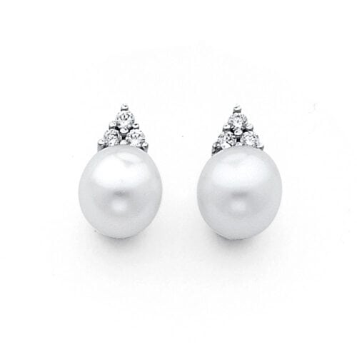 14K White Gold 8mm Pearl with Cubic Zirconia Earrings