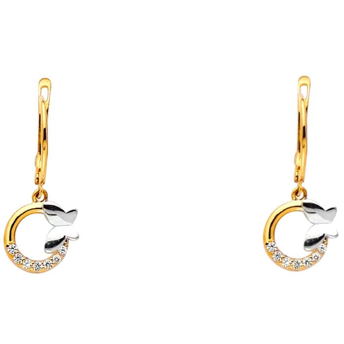14K Two Tone Gold Butterfly Cubic Zirconia Earrings