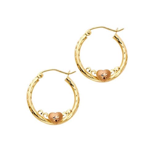 14K Yellow Gold 2mm Diamond Cut Hoop Earrings with Heart