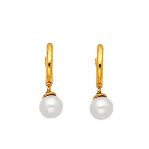 14K Yellow Gold Hanging Earrings with 6mm Diameter Pearl