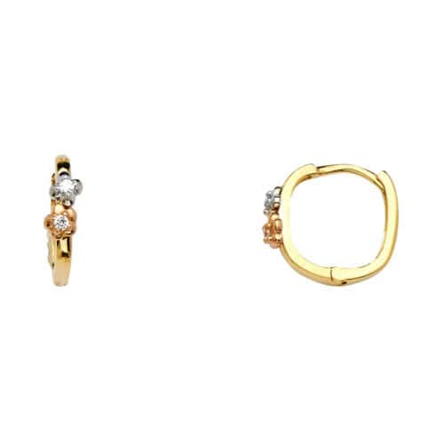 14K Tri Color Gold 4mm Flower Cubic Zirconia Huggies Earrings