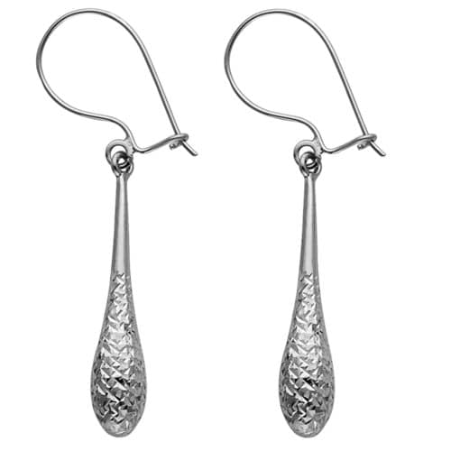 14K White Gold Diamond Cut Hollow Teardrop Hanging Earrings
