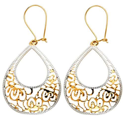 14K Two Tone Gold Design Cut Out Teardrop Earrings