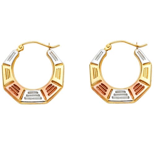 14K Tri Color Gold Fancy Hollow Hoop Earrings
