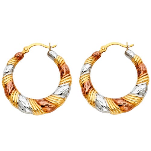 14K Tri Color Gold Fancy Hollow Hoop Earrings