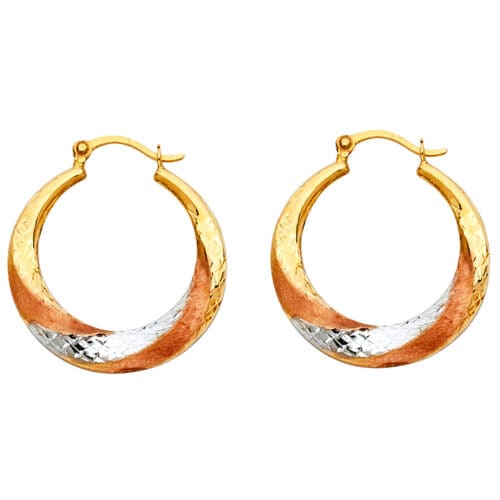 14K Tri Color Gold Fancy Hollow Hoop Earrings