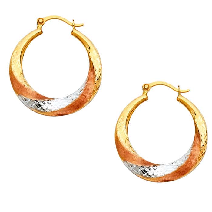 14K Tri Color Gold Fancy Hollow Hoop Earrings - Image 3