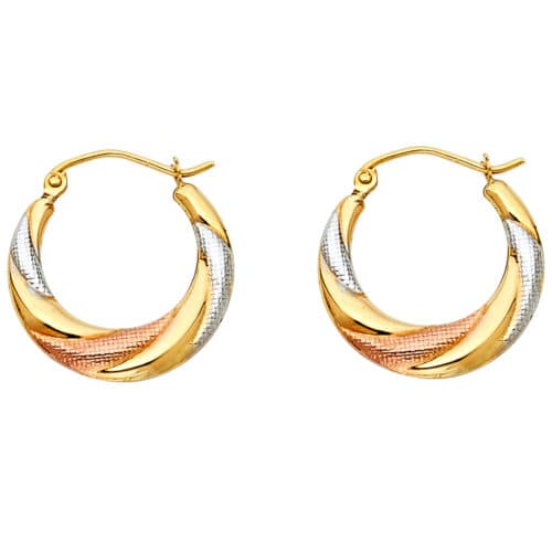 14K Tri Color Gold Fancy Hollow Hoop Earrings