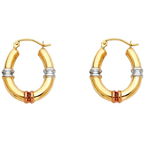 14K Tri Color Gold Fancy Hollow Hoop Earrings