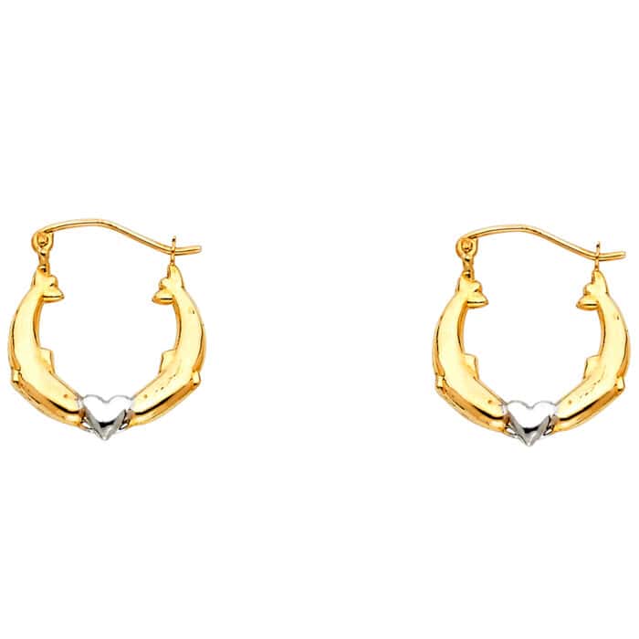 14K Two Tone Gold Dolphin Hollow Hoop Earrings