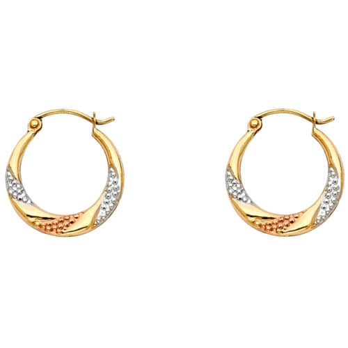 14K Tri Color Gold Fancy Hollow Hoop Earrings