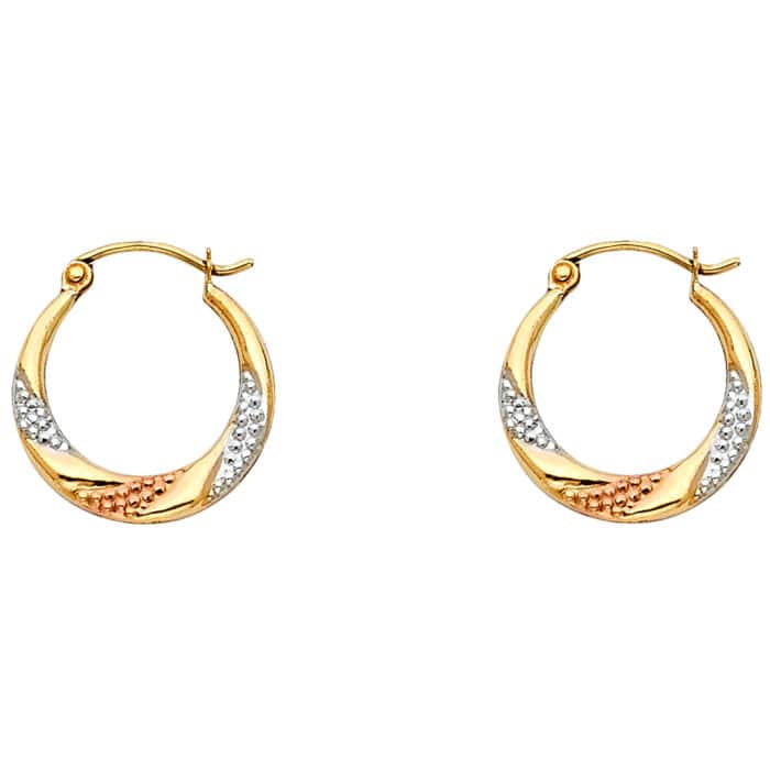 14K Tri Color Gold Fancy Hollow Hoop Earrings
