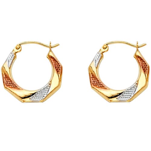 14K Tri Color Gold Fancy Hollow Hoop Earrings