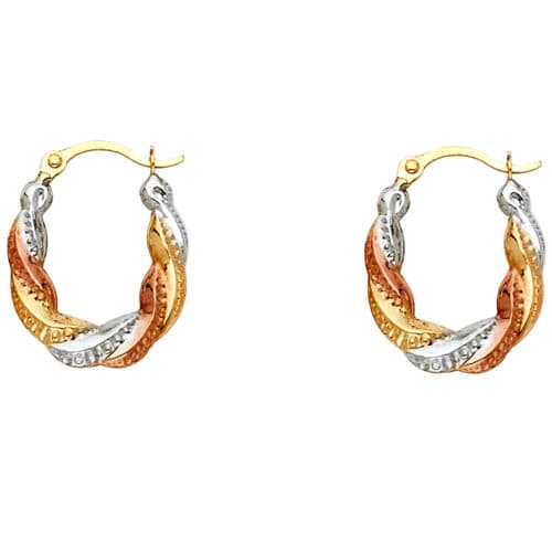 14K Tri Color Gold Fancy Hollow Hoop Earrings