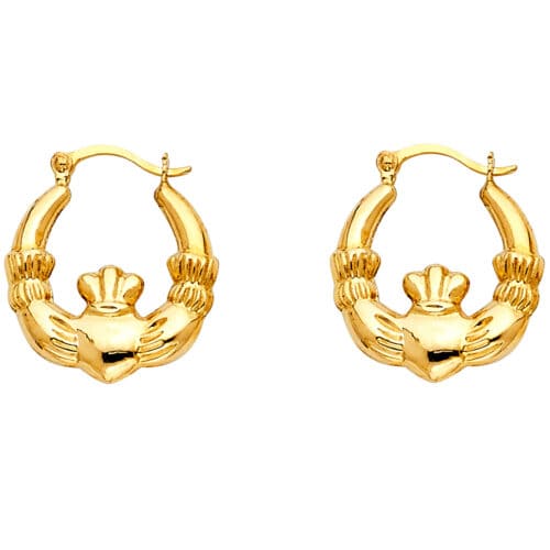 14K Yellow Gold Claddagh Hollow Hoop Earrings