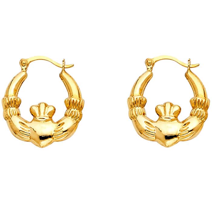 14K Yellow Gold Claddagh Hollow Hoop Earrings