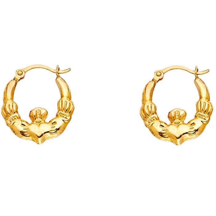 14K Yellow Gold Claddagh Hollow Hoop Earrings