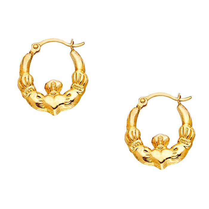 14K Yellow Gold Claddagh Hollow Hoop Earrings - Image 3
