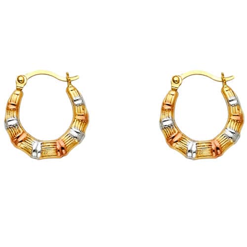 14K Tri Color Gold Fancy Hollow Hoop Earrings