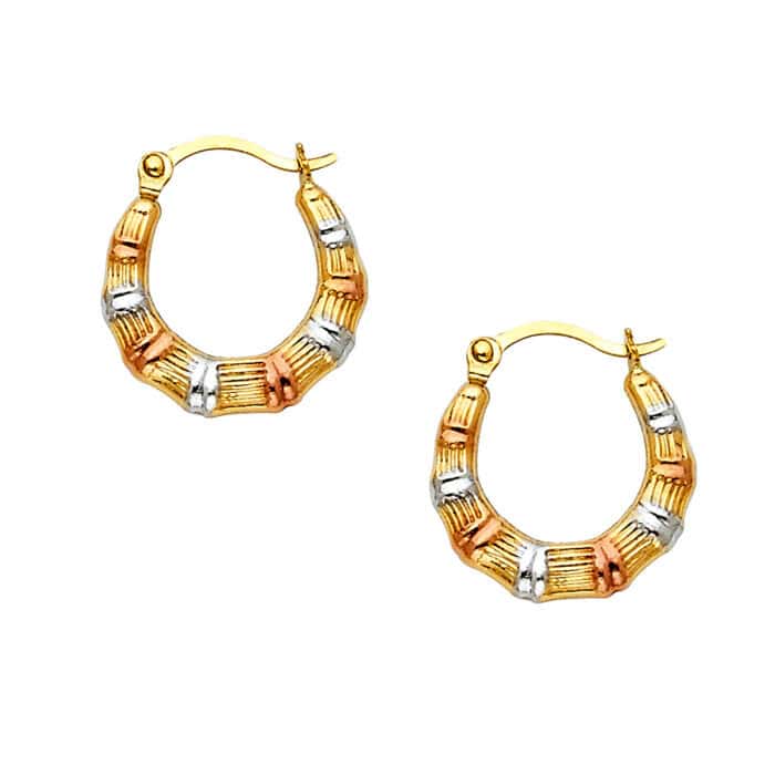 14K Tri Color Gold Fancy Hollow Hoop Earrings - Image 3