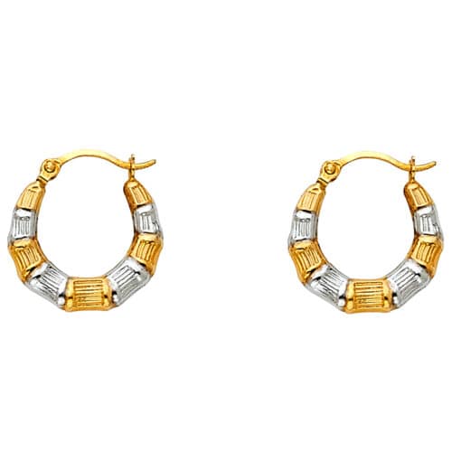 14K Two Tone Gold Fancy Hollow Hoop Earrings