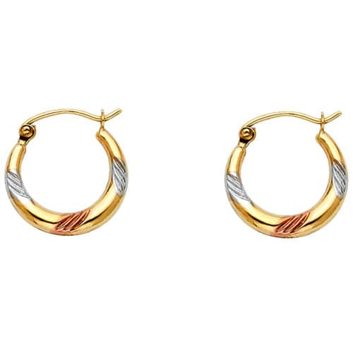 14K Tri Color Gold Fancy Hollow Hoop Earrings