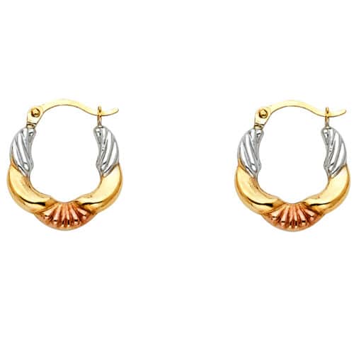 14K Tri Color Gold Fancy Hollow Hoop Earrings