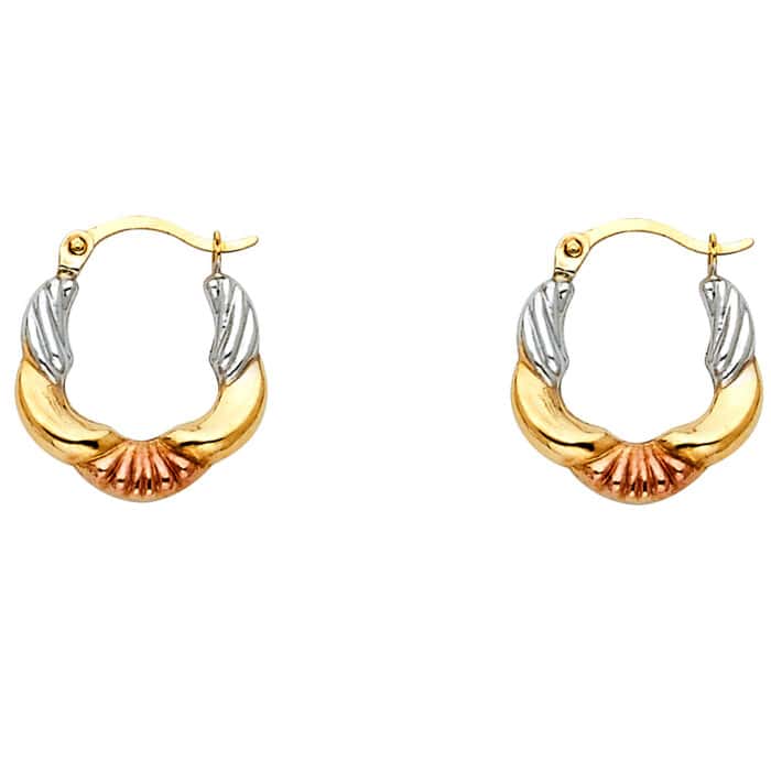 14K Tri Color Gold Fancy Hollow Hoop Earrings