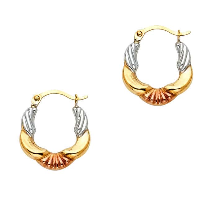 14K Tri Color Gold Fancy Hollow Hoop Earrings - Image 2