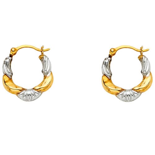 14K Two Tone Gold Fancy Hollow Hoop Earrings