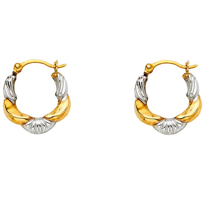 14K Two Tone Gold Fancy Hollow Hoop Earrings