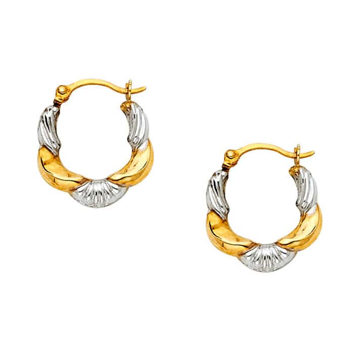 14K Two Tone Gold Fancy Hollow Hoop Earrings - Image 3