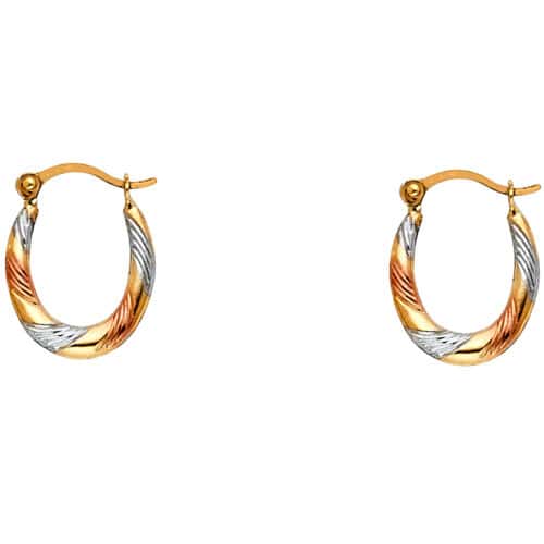 14K Tri Color Gold Fancy Hollow Hoop Earrings